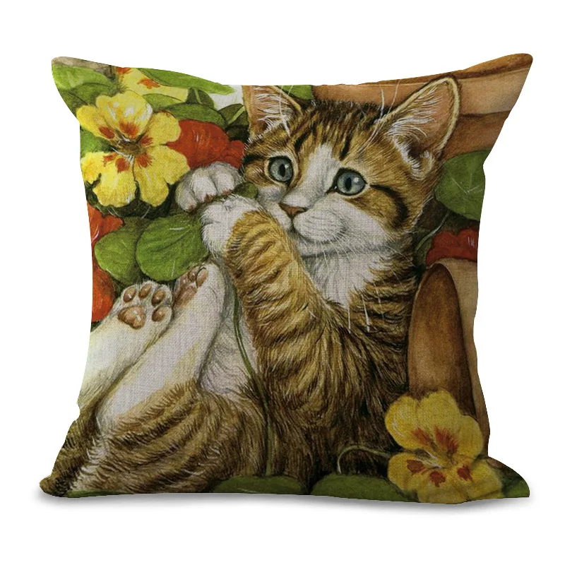Декоративная Подушка Чехол с изображением цветов и котика живопись 17 5 дюймов