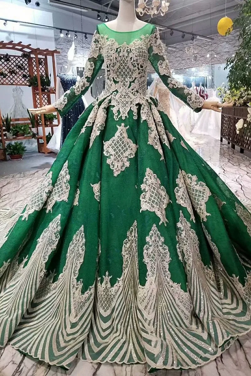 

2018 Arabic Dubai Indonesia Green Lace Tulle Long SLeeves Scoop Cathedral Train Bridal Gowns Princess Illusion Wedding Dresses