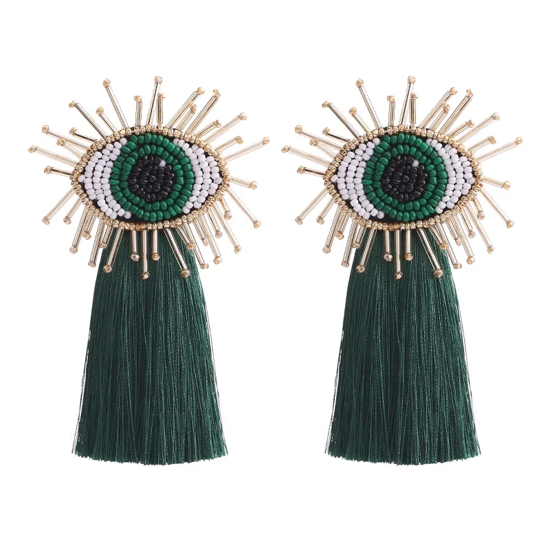 Sehuoran брендовые этнические длинные серьги с кисточками для женщин Boho Eye Beads дизайн Висячие серьги женские массивные украшения Oorbellen подарок - Окраска металла: E1176 Green