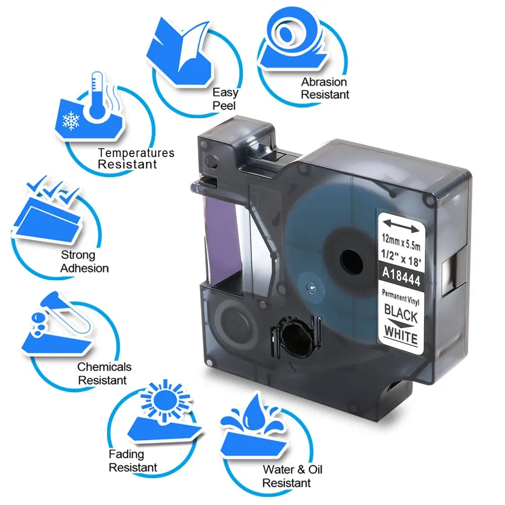 Виниловые этикетки совместимые с Dymo 18444 Rhino 12 мм * 5 м черная печать на белом для 5200