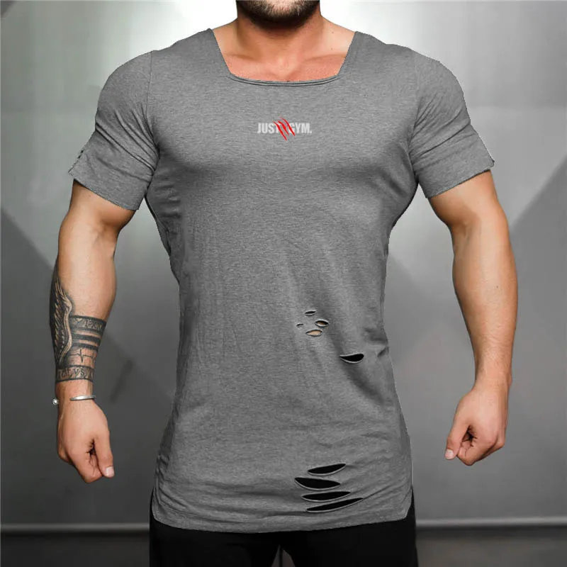 Summer Brand Mens Vintage Ripped Hole T shirt Cotton Hip Hop T-shirt Men Fashion Slim Tight Tee Gyms Sportswear Fitness Tshirt | Мужская