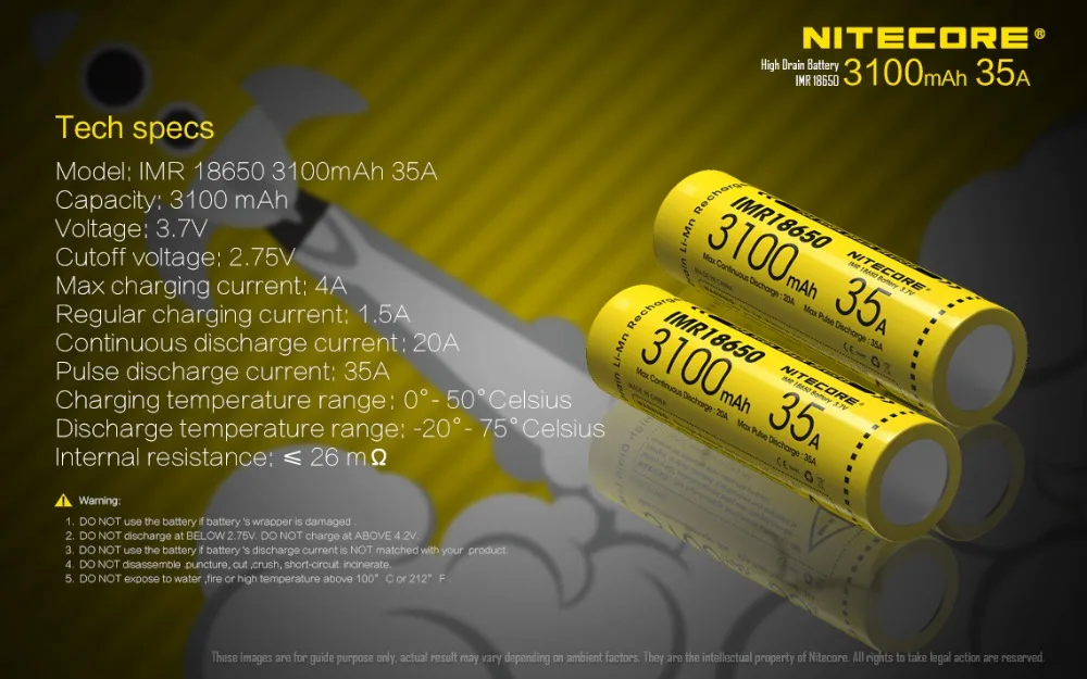 1 шт. оригинальные Nitecore IMR18650 IMR 18650 3100 мАч 35A 3 7 в батареи с высоким потоком энергии