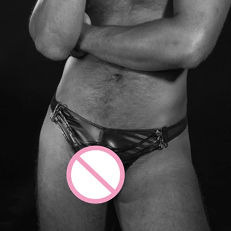 Men Open Crotch Thong Leather G String Underwear Low Waist Lingerie Homme Hollow Out Gay Jockstrap Male Black Vinyl Underpants
