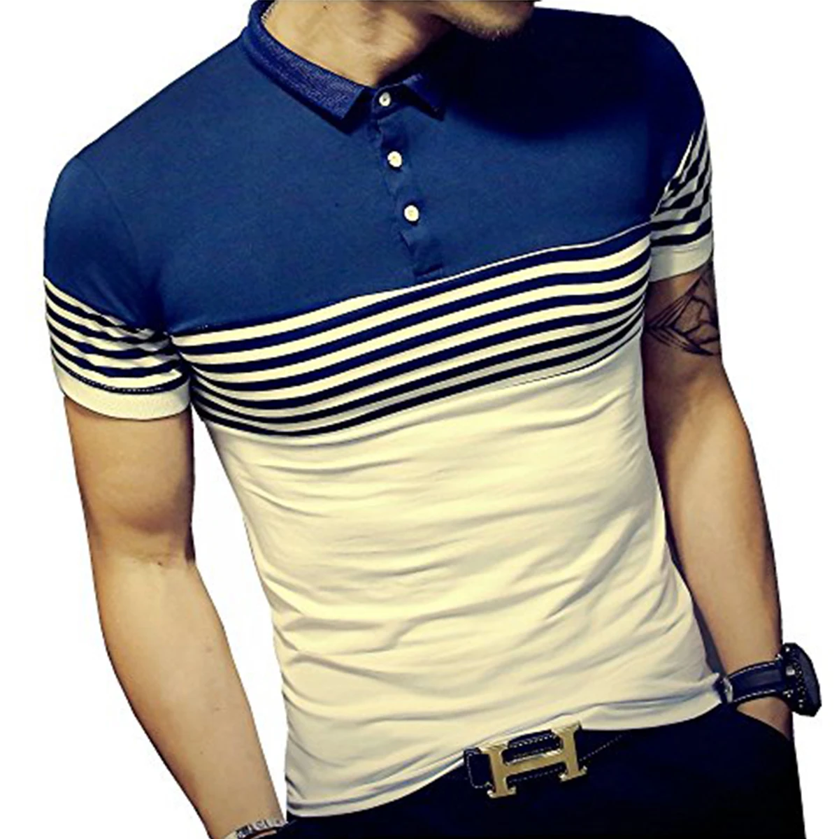 LOGEEYAR Мужская рубашка поло летняя повседневная приталенная контрастная прошивка