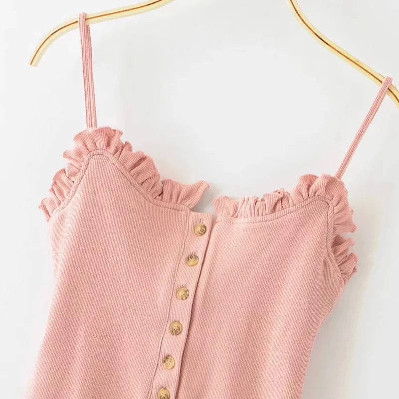 

Women Buttons front Ruffle Detail Rib Cami Bodysuit