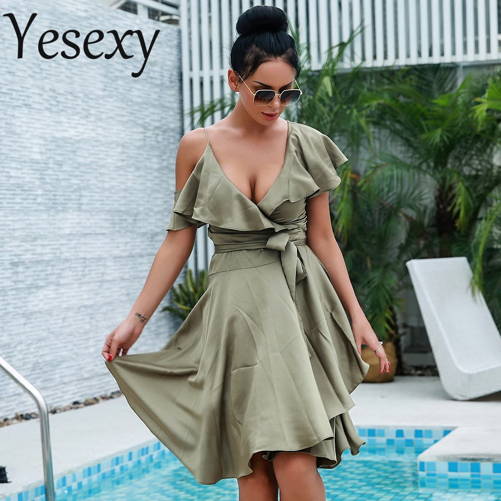 Женское мини платье Yesexy с глубоким вырезом и поясом VR18384 2020|Женские платья| |
