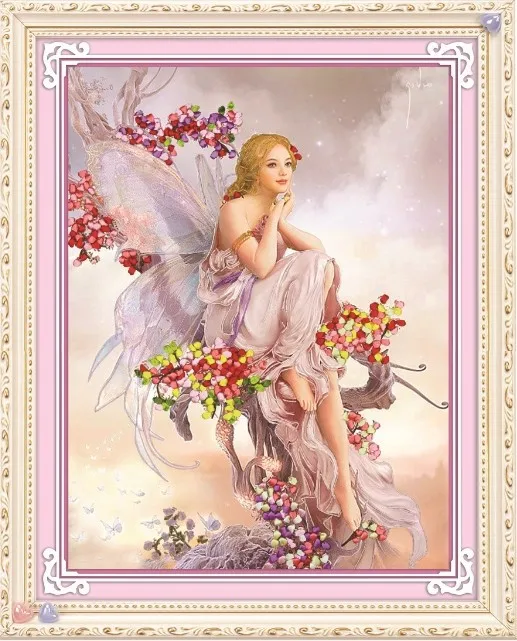 Needlework,DIY Ribbon Cross stitch Set for ribbon Embroidery kit,Fairy girl angel wing Cross-Stitch painting wall home decor
