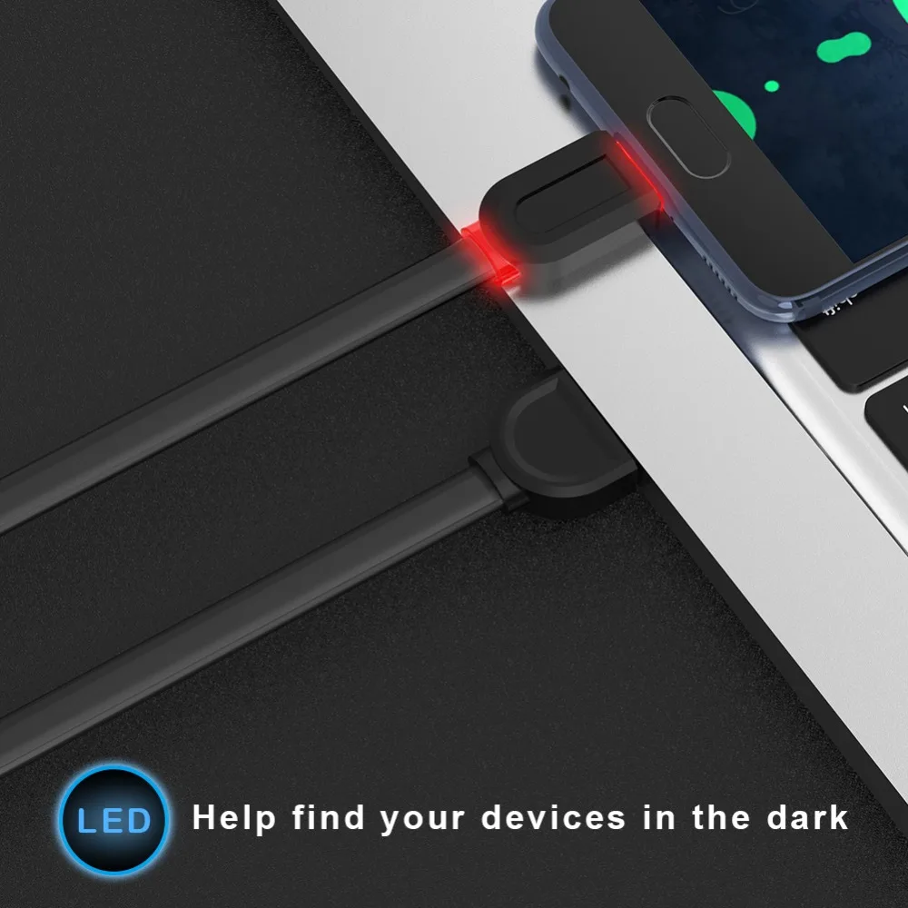Светодиодный кабель USB Type C для Huawei Xiaomi Samsung быстрая зарядка плоский usb-кабель