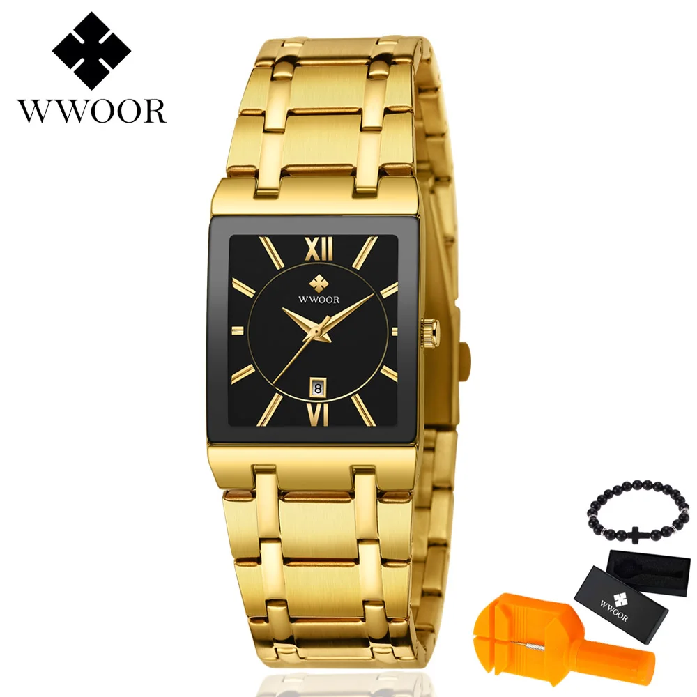 Gold black gift WWOOR мужские часы люксовый бренд кварцевые все стальные водонепроницаемые часы модные спортивные бизнес военные мужские часы relogio masculino - Цвет: Gold black gift