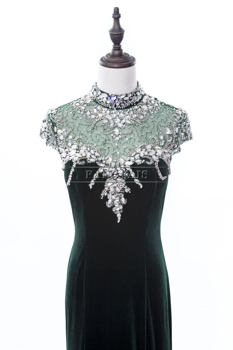 Настоящее изображение 2019 бархатное вечернее платье с высоким воротом в Дубае