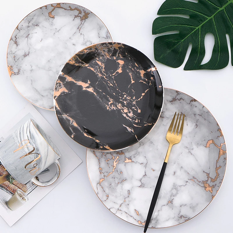 

Nordic Gold Plated Storage Trays Ceramic Dinner Plate Dessert Steak Dish Fruit Snack Storage Trays Kitchen Tableware Organizer