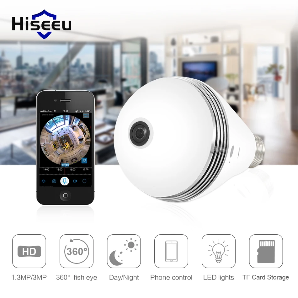 Hiseeu HD 1.3MP/3MP лампа Беспроводная ip камера 360 градусов рыбий глаз CCTV 3D VR Домашняя