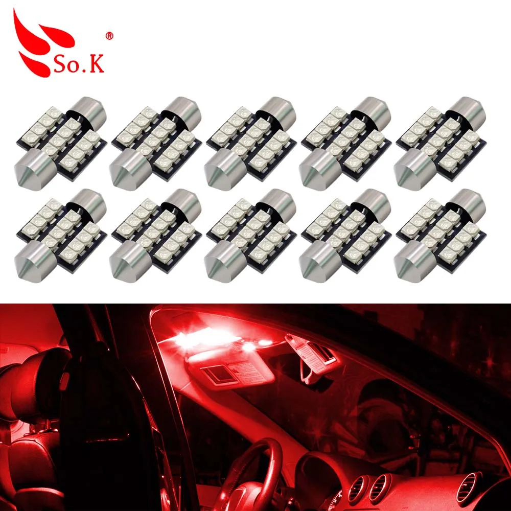 Красный 10 шт. гирлянда 31 мм светодиодный C5W C10W CANBUS 12 SMD 3528 Светодиодный лампы Белый красные, синие для авто Интерьер автомобильного салона ствол светильники 12V - Испускаемый цвет: Красный
