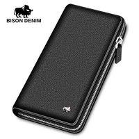 bison denim luxury genuine leather men wallets long zipper clutch purse business casual male credit card holder phone wallet