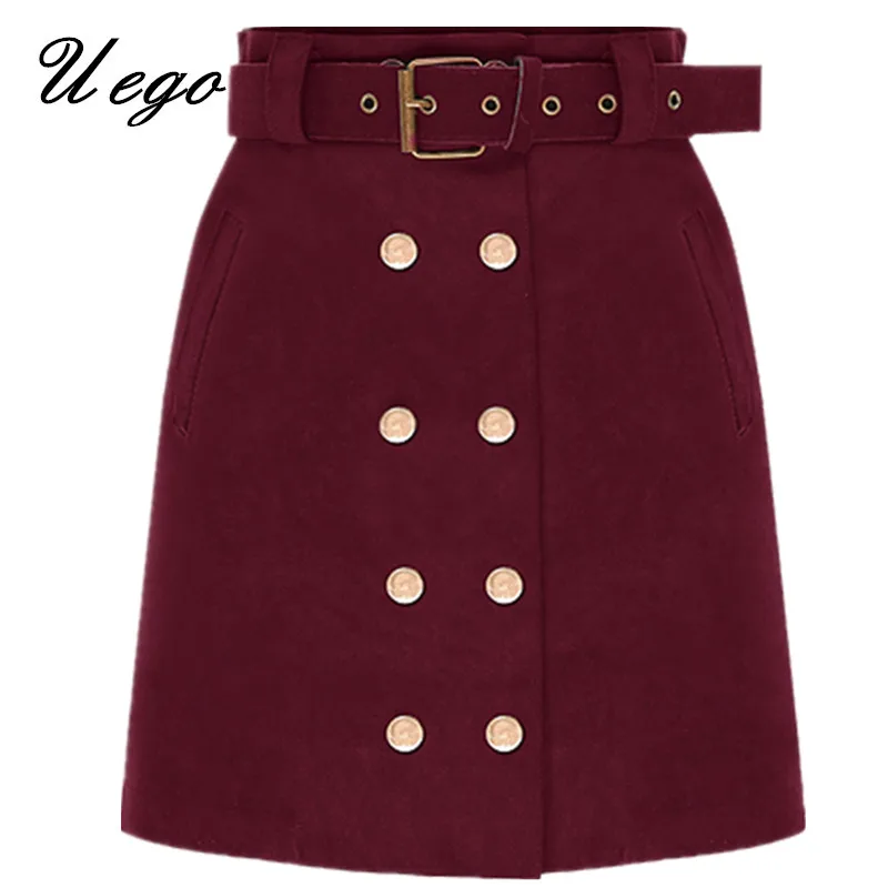 wine red Модные двубортные замшевые юбки для зимы и осени, облегающие Женские юбки-карандаш с завышенной талией, женская повседневная юбка - Цвет: wine red
