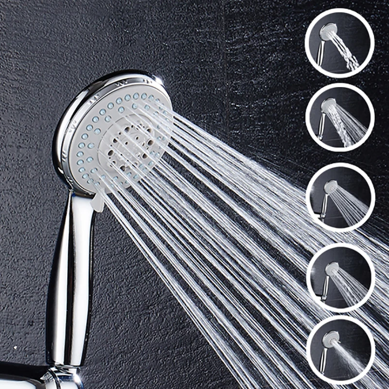 

Water Saving Shower head Five Fuction Pressure Boost Silica Gel chrome rain shower head ABS Holes hand shower