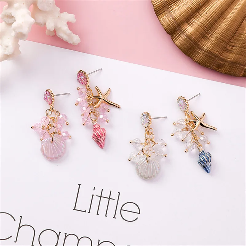 Summer Shell Starfish Tassel Stud Earrings For Women Korean Cute Simulated pearl Asymmetry Jewelry Seaside Holiday Gift | Украшения и