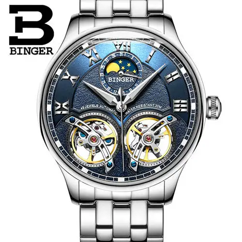 Silv blue B8606B st Швейцарские мужские часы с двойным Tourbillon, BINGER, автоматические часы для мужчин, модные механические наручные часы с кожаным ремешком - Цвет: Silv blue B8606B st