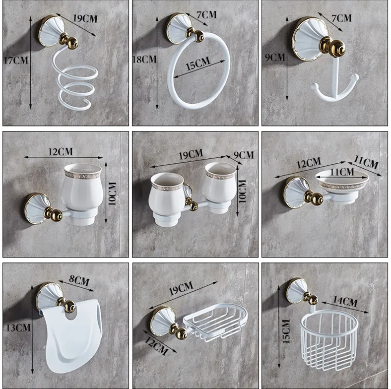 

Bathroom Accessories Set, Gold and White Paper Holder,Towel Bar,Soap basket,Towel Rack,Glass Shelf,Hooks bathroom Hardware set