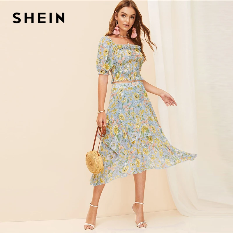 SHEIN Многослойная Асимметричная Юбка С Ботаническим Принтом Женская Летняя Многоцветная Богемная Юбка