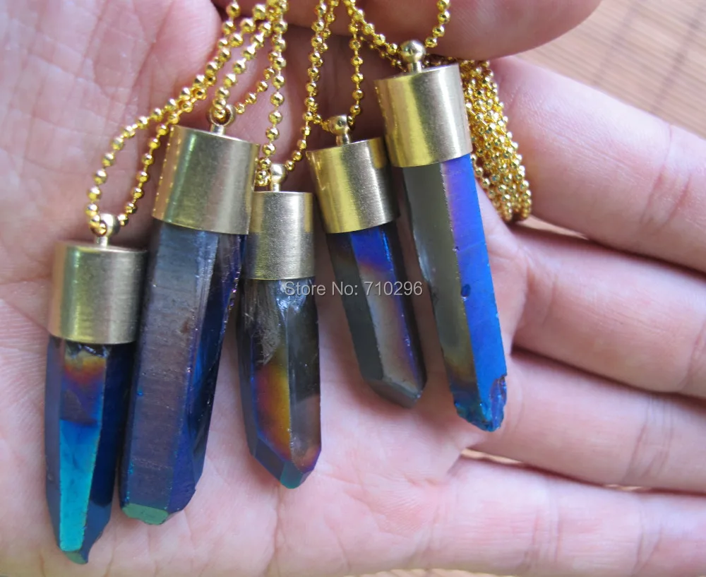 New arrived~Titnium Blue Quartz Point Necklace With gold chain 18