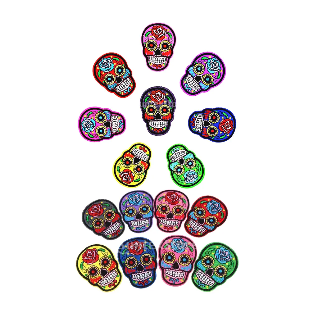

16Pcs Mixed Sugar Skull Patch DIY Mexico Day of the Dead Embroidered Patches Iron On Fabric Badges Sew On Cloth Applique