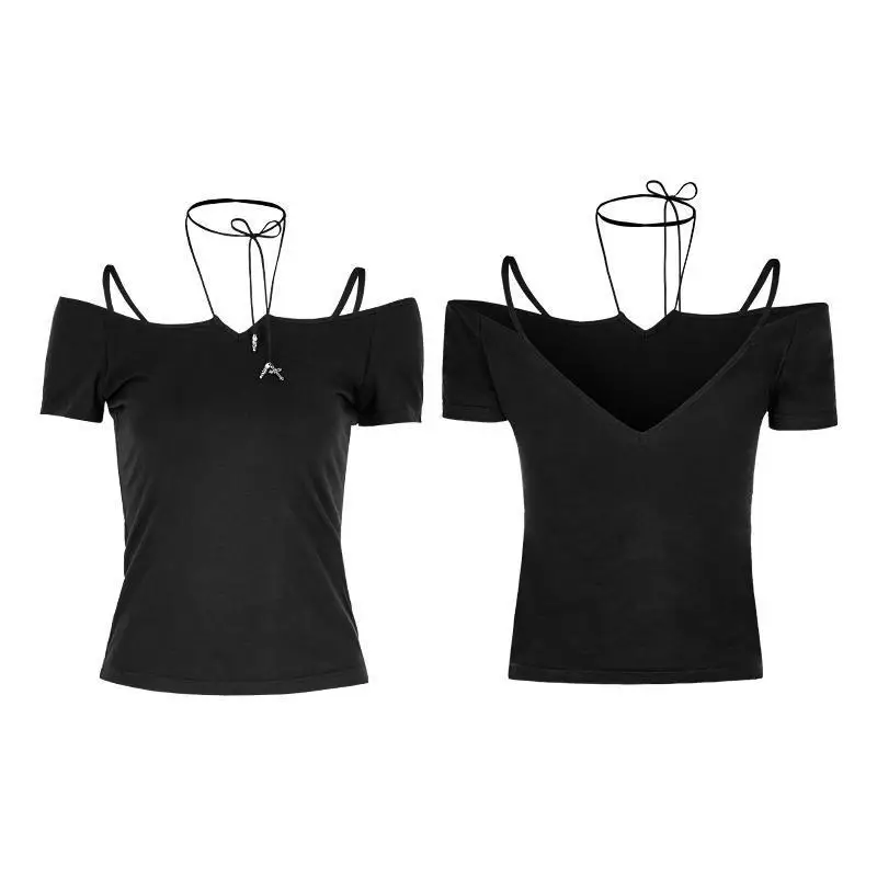 Punk Rave Women's Off the Shoulder T-shirt With Tie Rope Necklace Black OPT-145TDF | Женская одежда