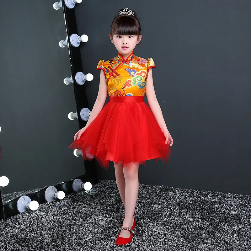 Китайское традиционное платье дети красный Cheongsam дети детский сад для девочек принцесса танец цветы Qipao платье на день рождения