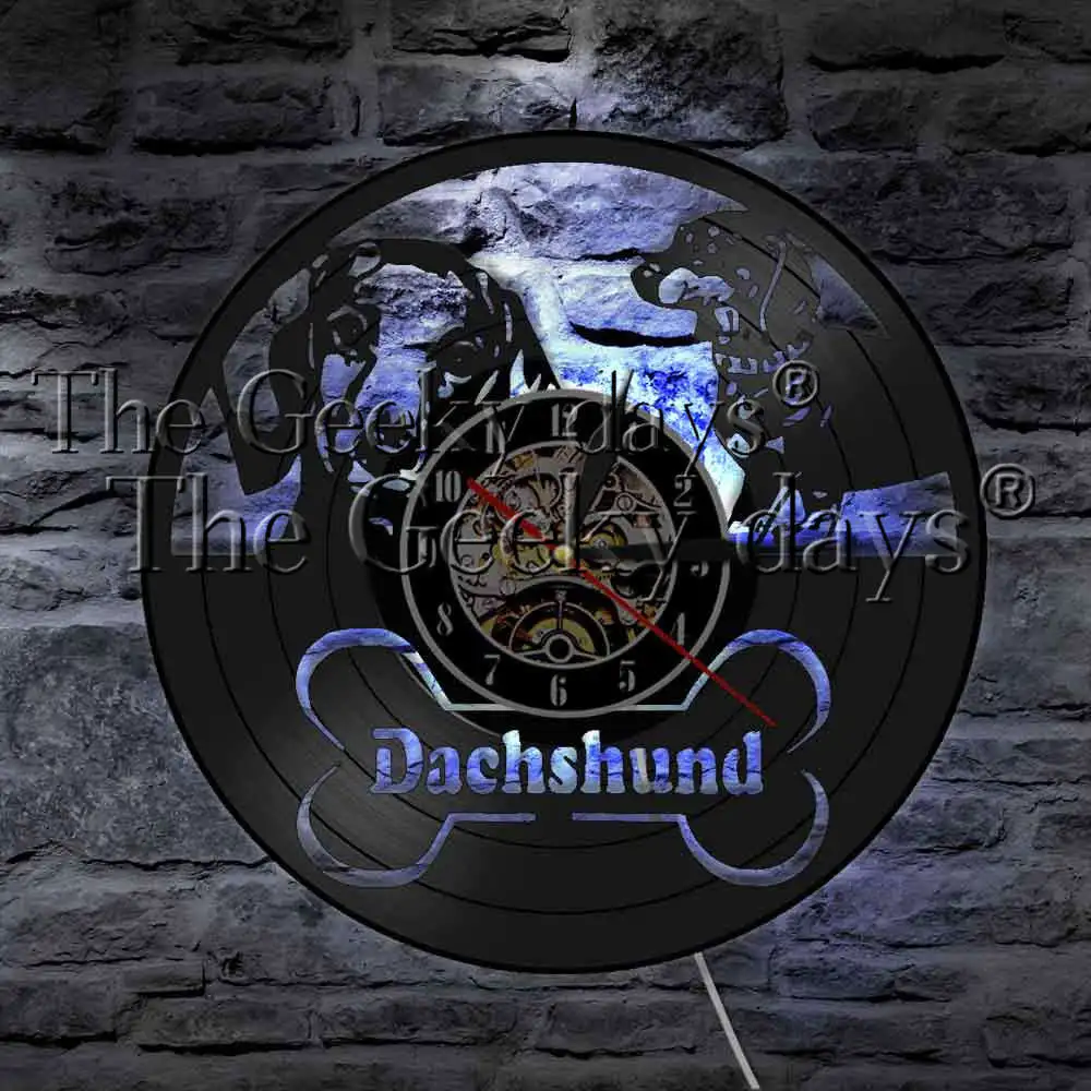  Dachshund Wiener Dog LED Light Vinyl Record Wall Clock Modern Wall Lamp Long Haired Dachshund Sausage Dog LED Wall Lamp