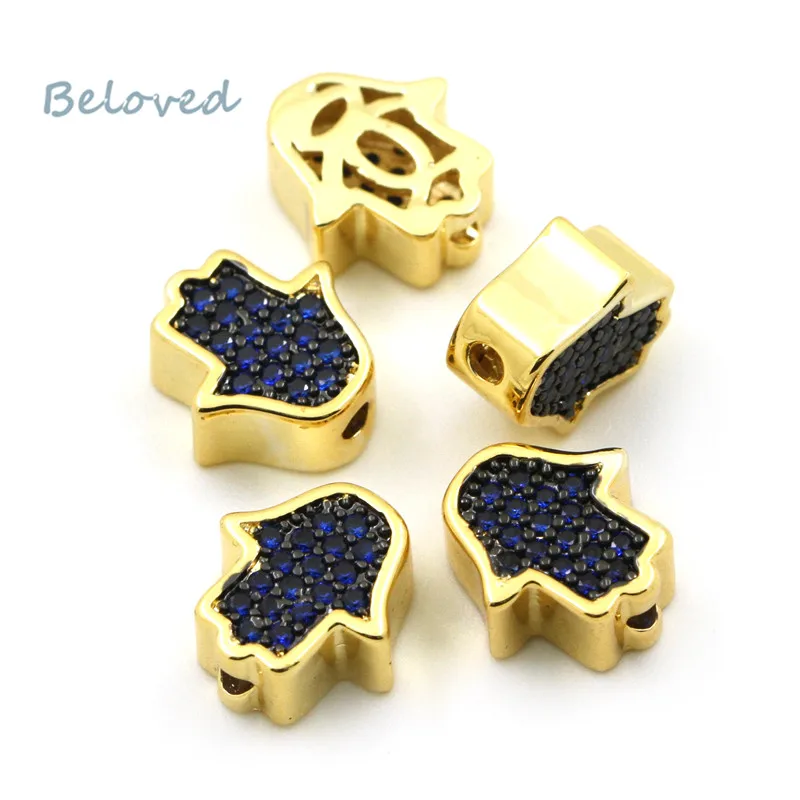 

Petite Fatima Hamsa Hand Micro Pave Cubic CZ Zirconia Spacer Beads, Blue/Fuchsia CZ Zircon Inlaid Bracelet Findings, BG18172