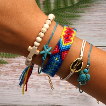 2 MOON GIRL 5 Pieces Puka Shell Bracelet Set Turtle Starfish Cross Beads Boho Weave Bracelet for Women Friendship Jewelry Dropship - Metal Color: 2