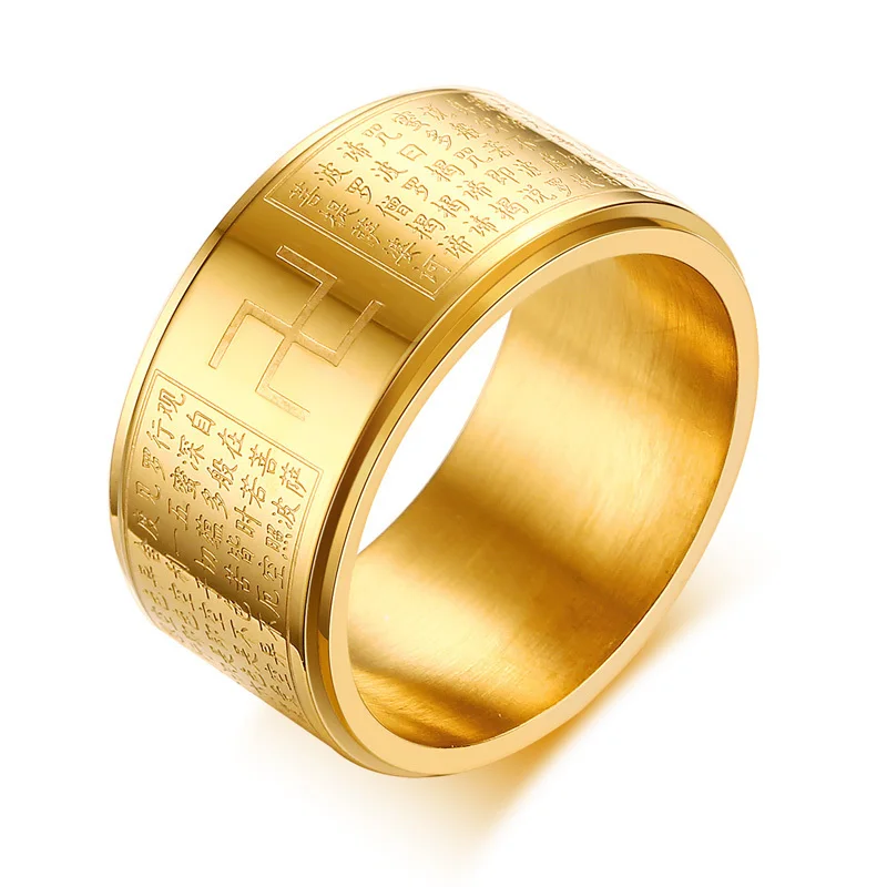 gold Кольцо-Спиннер для мужчин, нержавеющая сталь, китайское сердце, сутра, выгравированные буддийские полосы 11,5 мм, мужские и женские винтажные ювелирные изделия унисекс - Цвет основного камня: gold