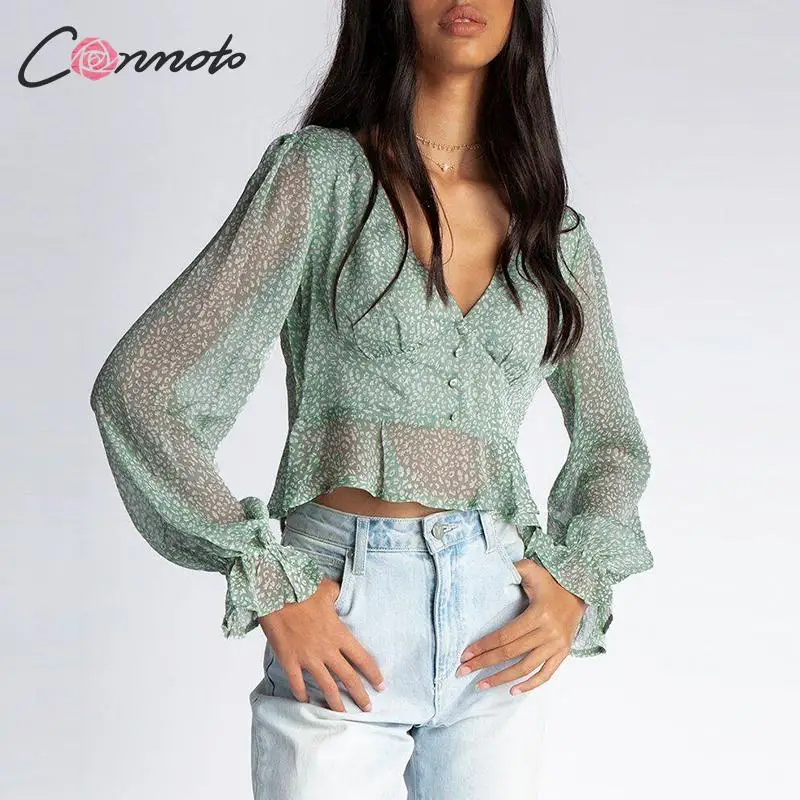 Conmoto Модные шифоновые топы и блузки зелёные с принтом летняя прозрачная блузка