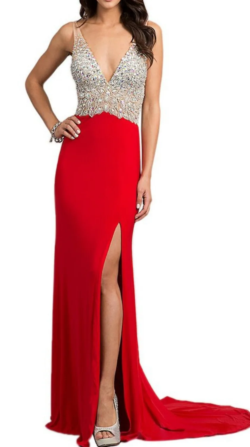

Setwell sexy high split v neck backless evening party dress with crystal beading sleeveless prom formal gowns custom made