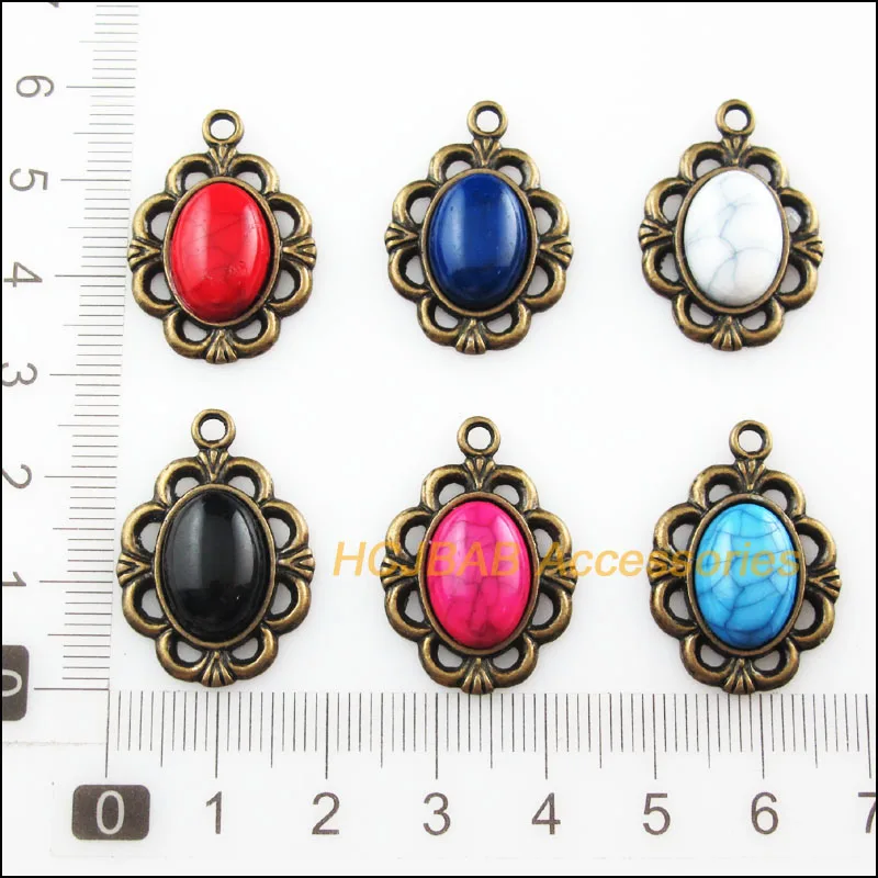 12 новых овальных цветов Смешанные Подвески из камня состаренная бронза цвет