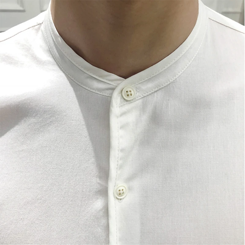 Мужская деловая рубашка с воротником стойкой однотонная хлопковая приталенная