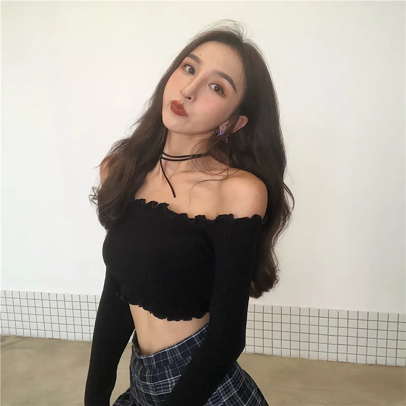 Новинка весенне осенний укороченный топ с вырезом лодочкой и открытыми плечами