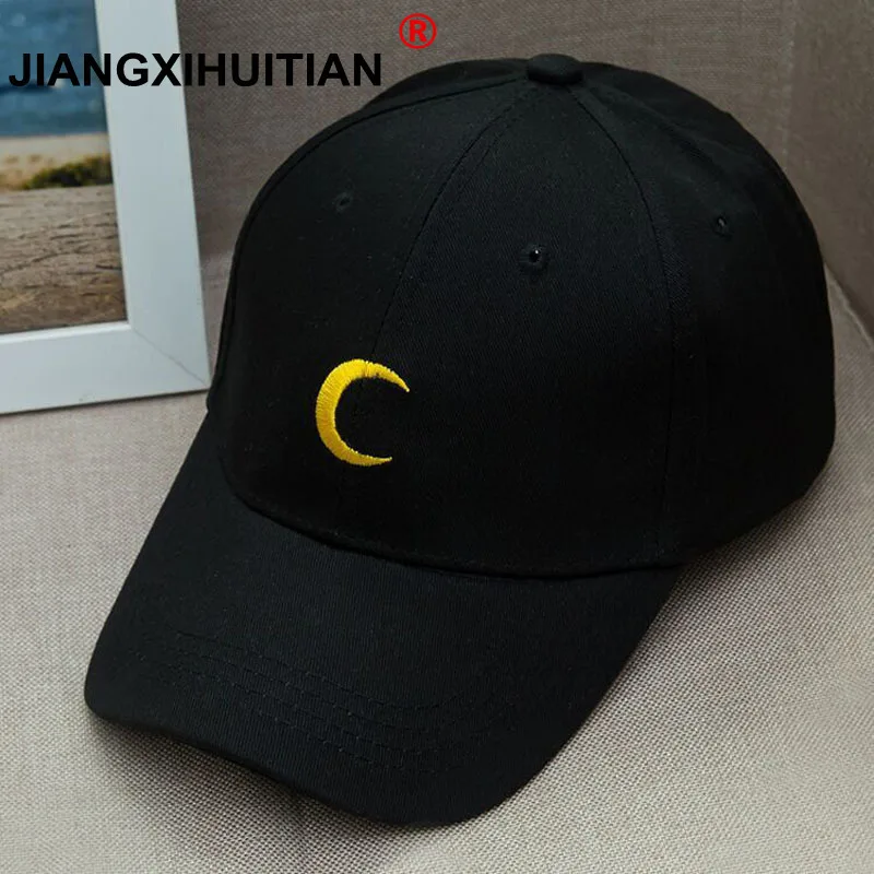 Мужские и женские бейсболки с вышитой луной черные белые хлопковые Snapback 2017 |