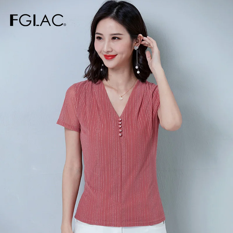 

Fashion casual short sleeve v-neck summer t-shirt women elegant slim plus size mesh shirt women tops
