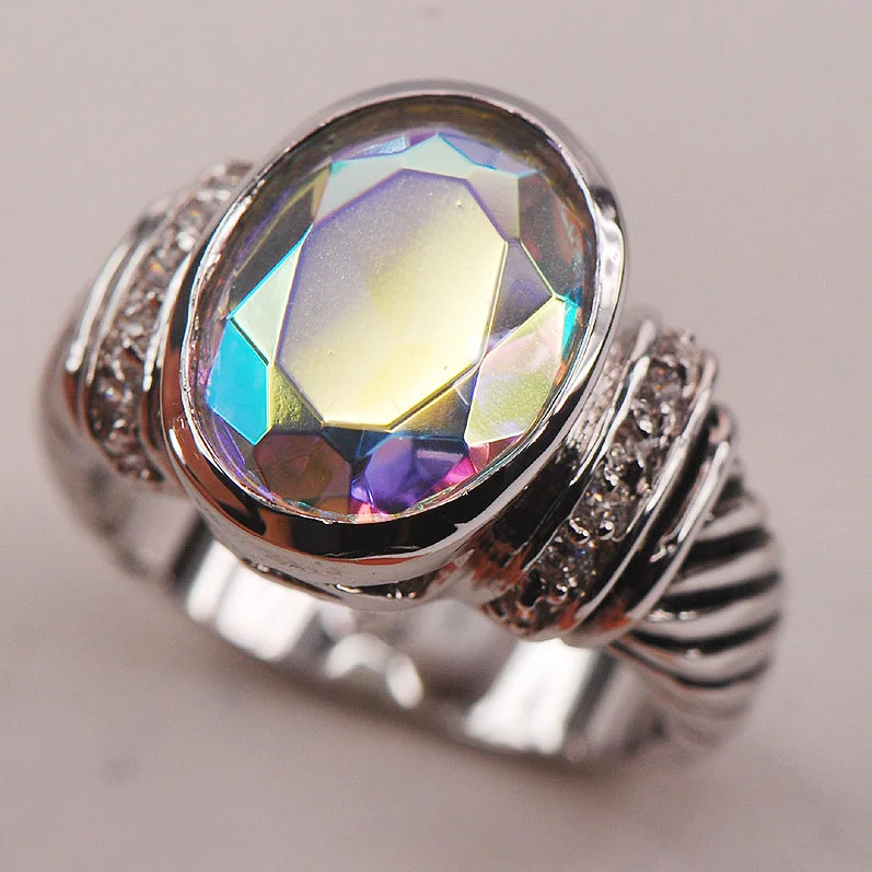 

Женское кольцо из стерлингового серебра 925 пробы с розовым радужным белым кристаллом, Размер 6 7 8 9 10 F625