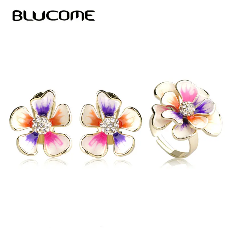 Женский ювелирный комплект из кольца и серёг Blucome золотистый сережек-гвоздиков с