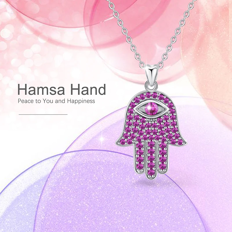

Eudora Real 925 Sterling Silver Hamsa Hand Pendant Necklaces Pink Zircon Fashion Jewelry for Women Girls Gift 2019 New Arrival
