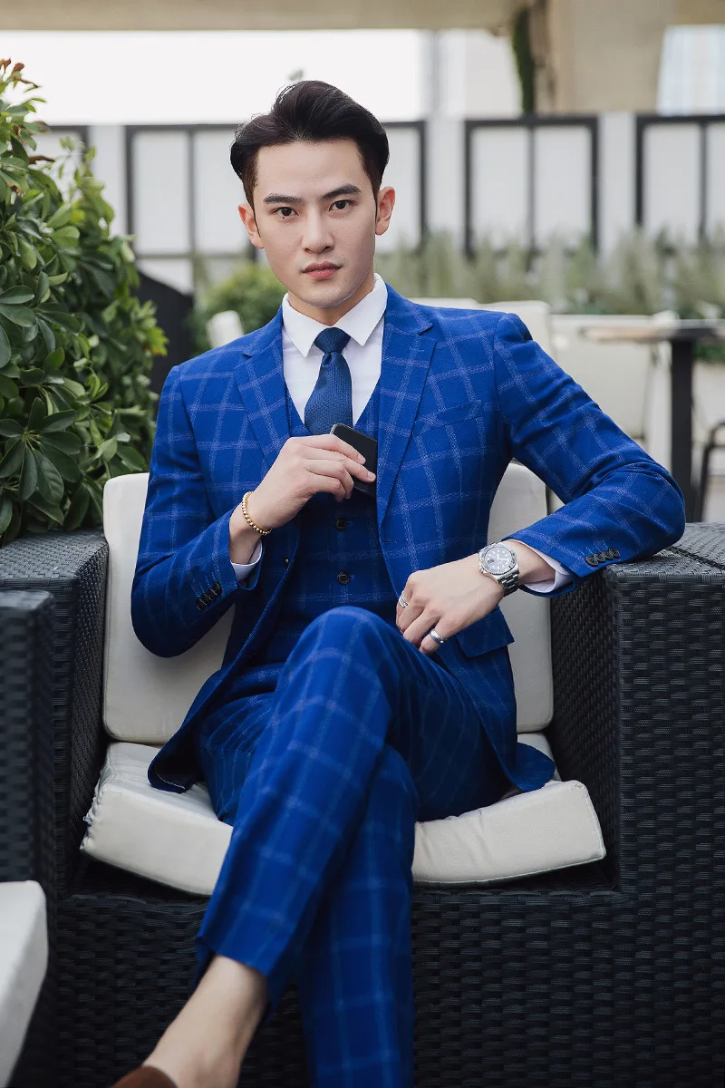 

Men's Business Terno Slim Masculino Plaid Jacket Tux Vest & Trousers 3-Piece Suit Set