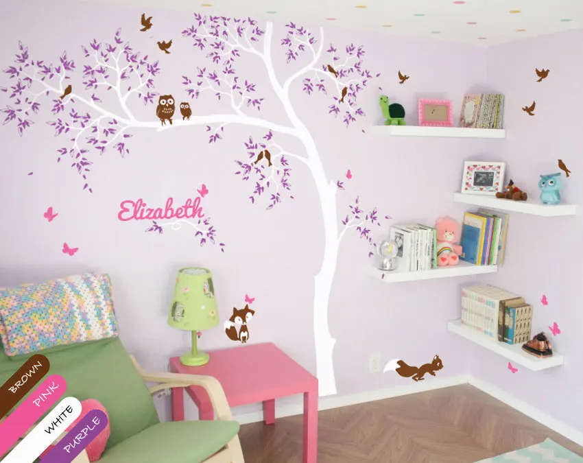 Персонализированная с именем ребенка белое дерево наклейки на стену птицы Совы