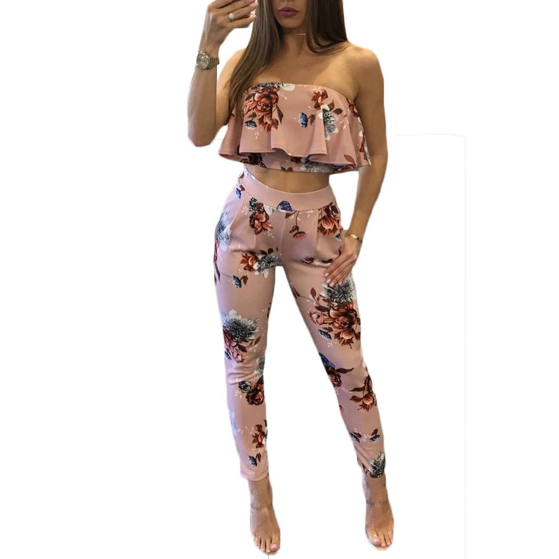 2017 спортивные костюмы женские короткий топ с рюшами + длинные штаны цветочным