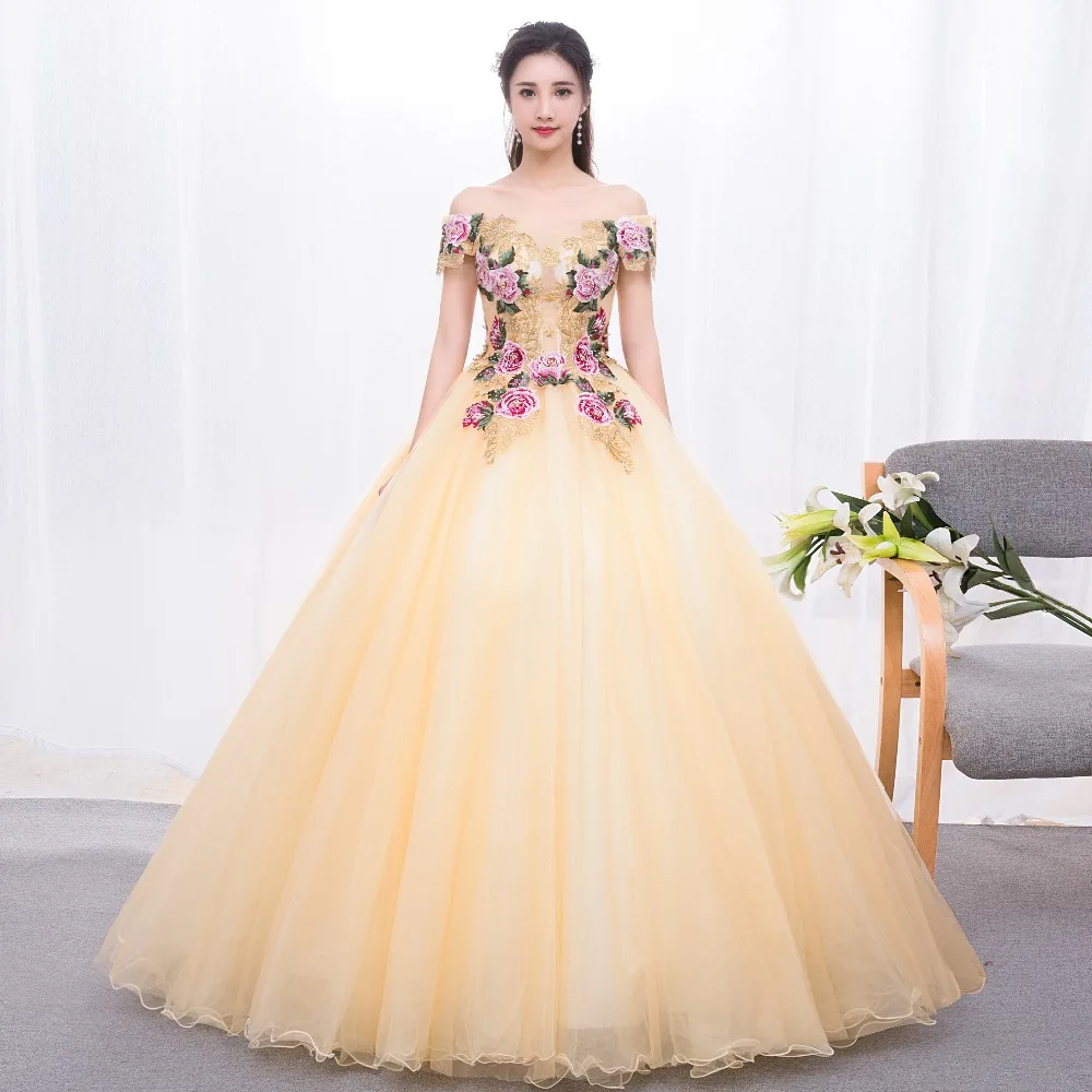 Ruthshen с открытыми плечами платья Quinceanera желтого цвета аппликацией бисером Пышное