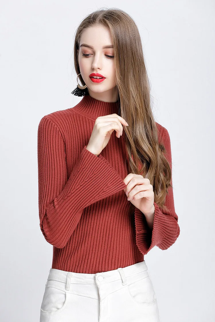 Осень-зима горчично-желтый женские свитера Flare водолазка с длинными рукавами