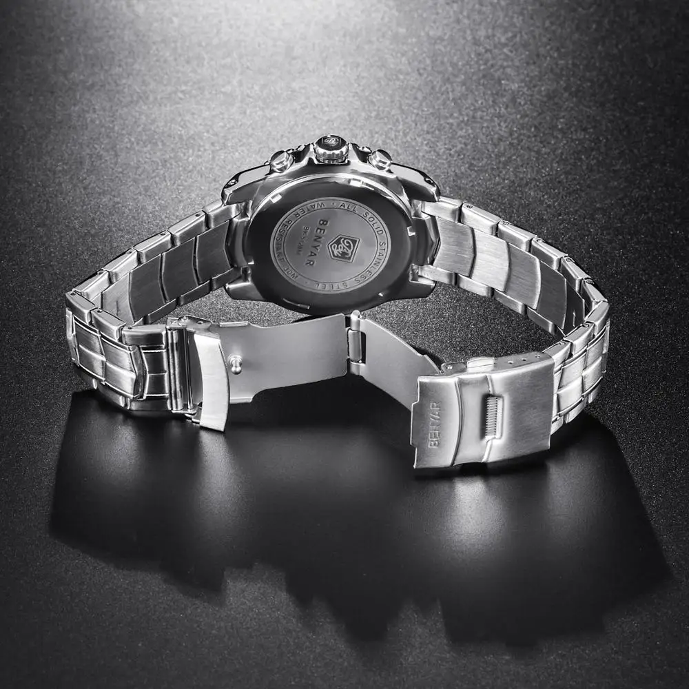 

Mens Watches Top Luxury Brand Benyar New Fashion Sport Wristwatches Men Steel Waterproof Blue Dial Chronograph Relogio Masculino