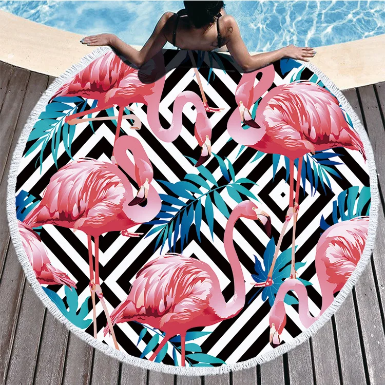 Dream NS Diameter 150cm Outdoor bath towel round printed beach microfiber + tassel feel soft customizable LOGO flamingo |