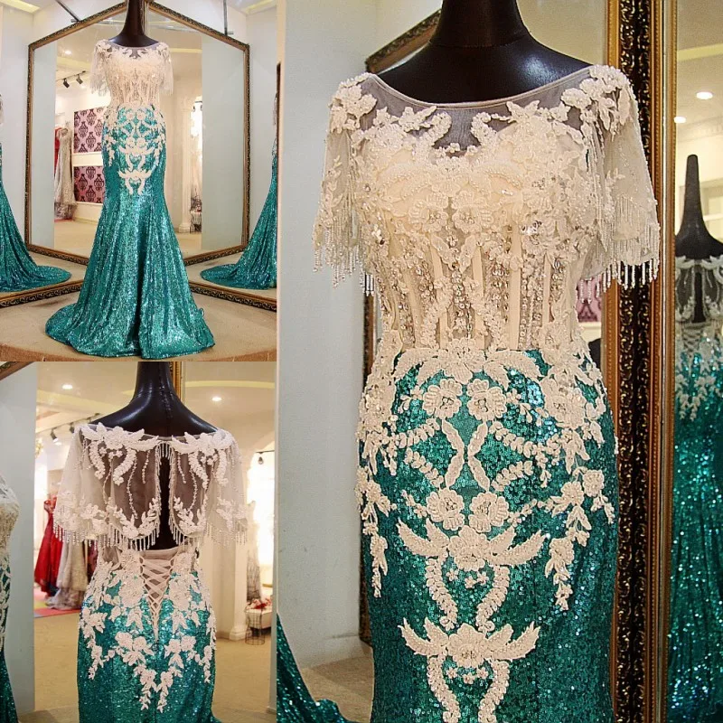 Женское вечернее платье русалка зеленое элегантное с блестками модель 100%|prom